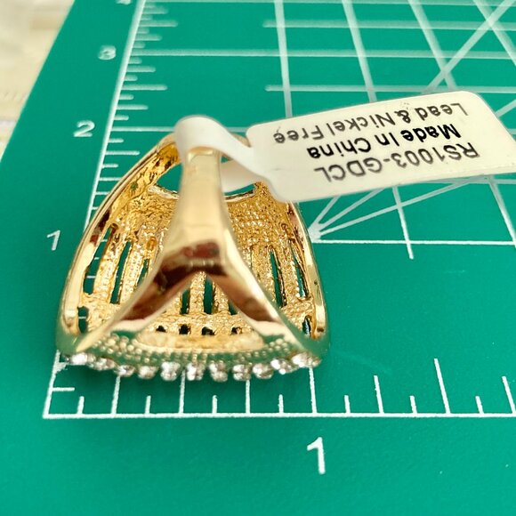 Deco Dome Cubic Zirconia Cocktail Ring Yellow Gold Plated Size 7 8 9 Statement - Picture 14 of 16